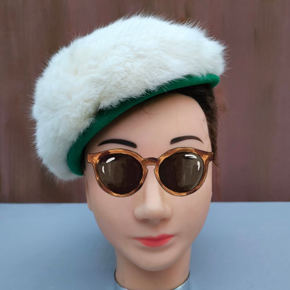 White Rabbit Fur Hat Sonni California Green Velvet Fascinator Elegant VTG 60s